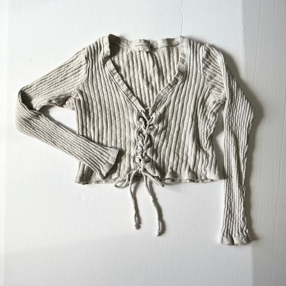 Urban‎ Outfitters Long Sleeve Crop Top Size L Lace Up Ribbed Knit - Picture 1 of 6